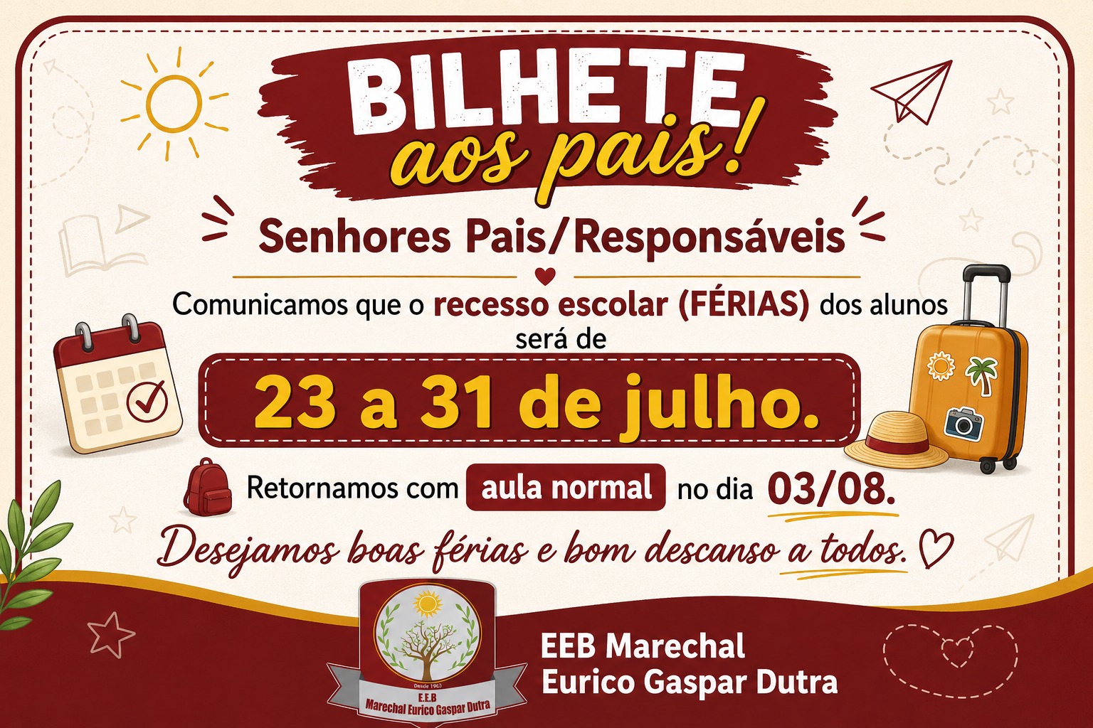 Bilhete aos pais sobre o recesso escolar